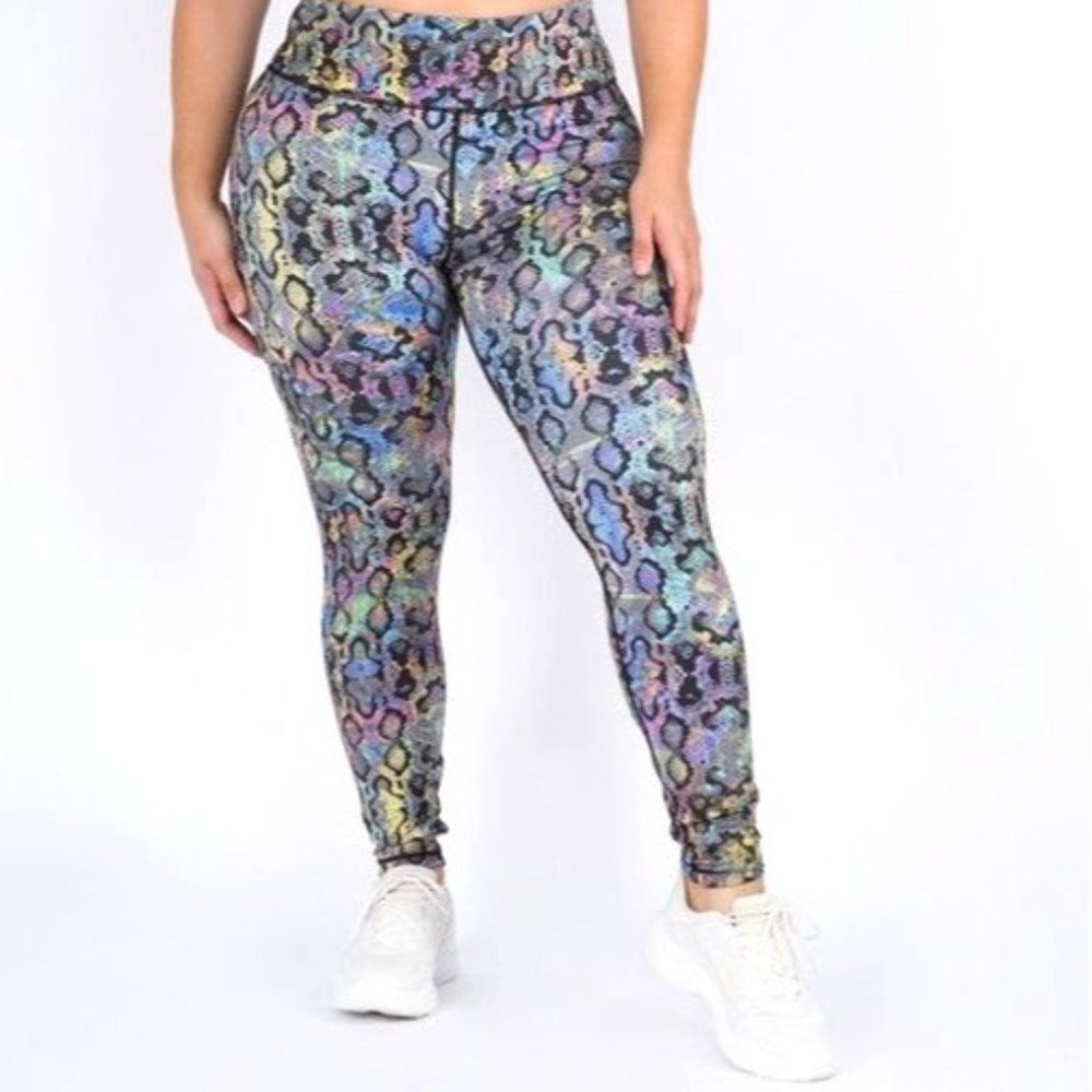 XL Size Womens Active Iridescent Snakeskin Print Workout Leggings